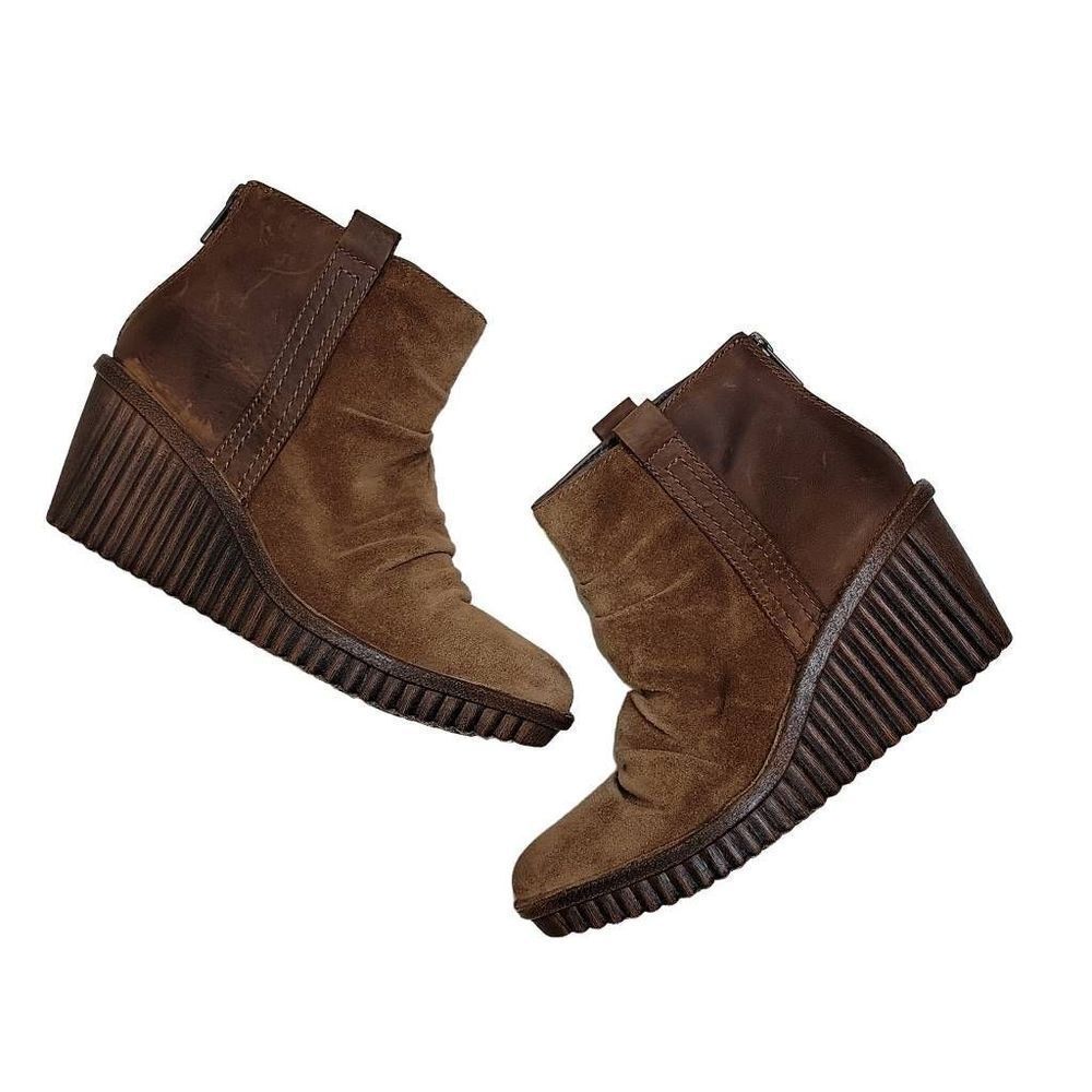 Bionica Suede Slouch Ankle Wedge Boots Brown 6.5